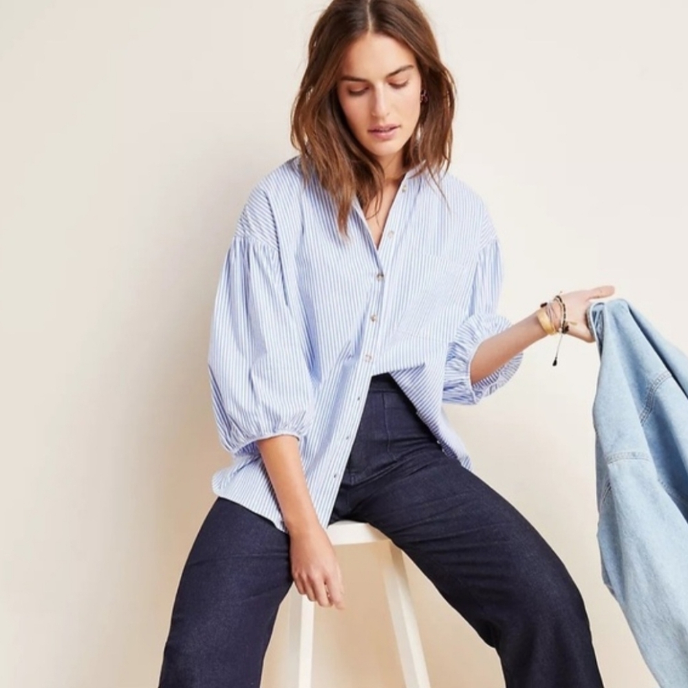 Anthropologie Maeve Jordana Poplin Blue White Stripe Puff Sleeve Top.